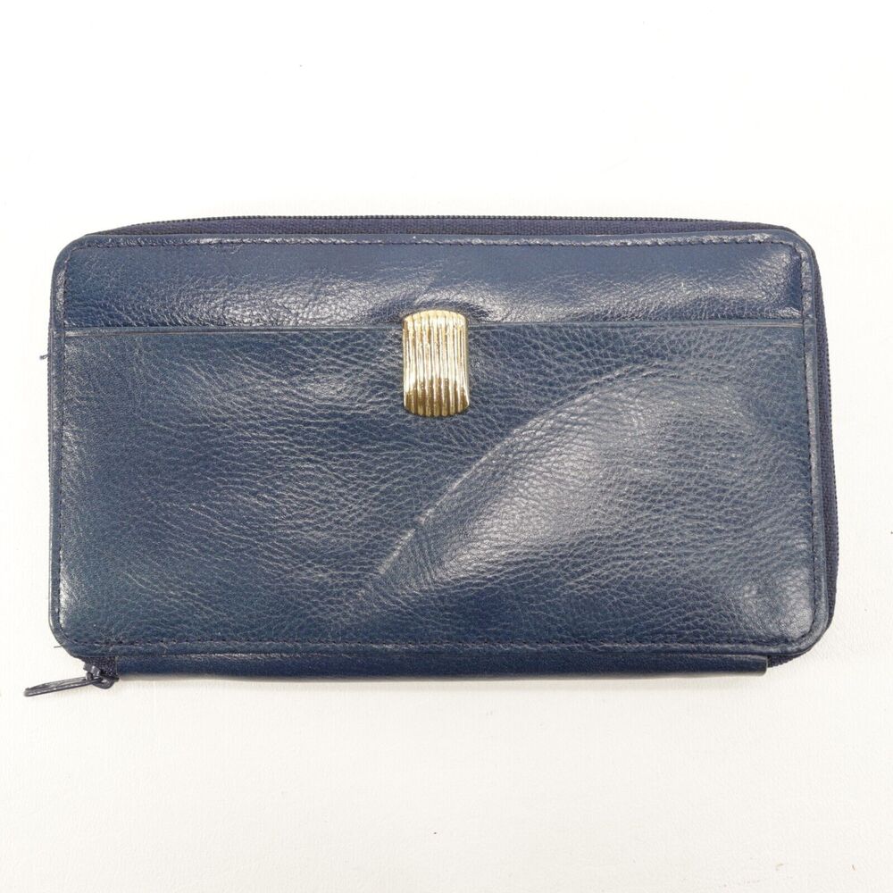 Vtg Scott Taylor Clutch Wallet Slate Blue Pebbled Zip Gold Tone ID Cards Checks